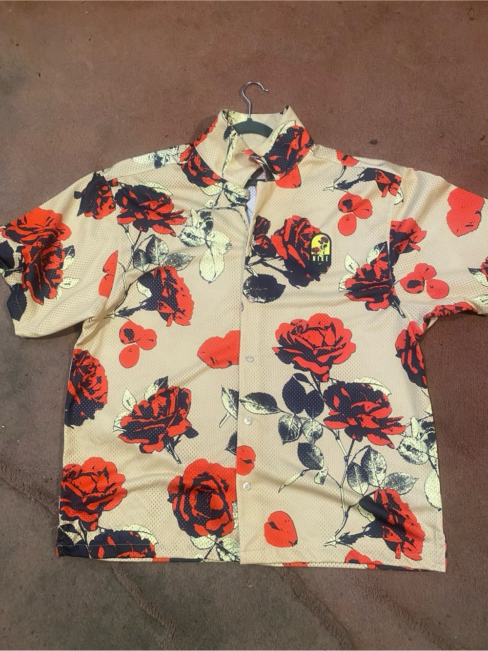 Nike Beige Floral Jersey with Red & Black Accents and black rose print shorts